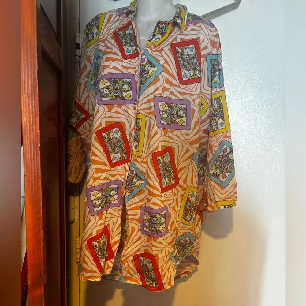 vintage dress shirt playing cards logo deck of cards top bright blouse y2k rare